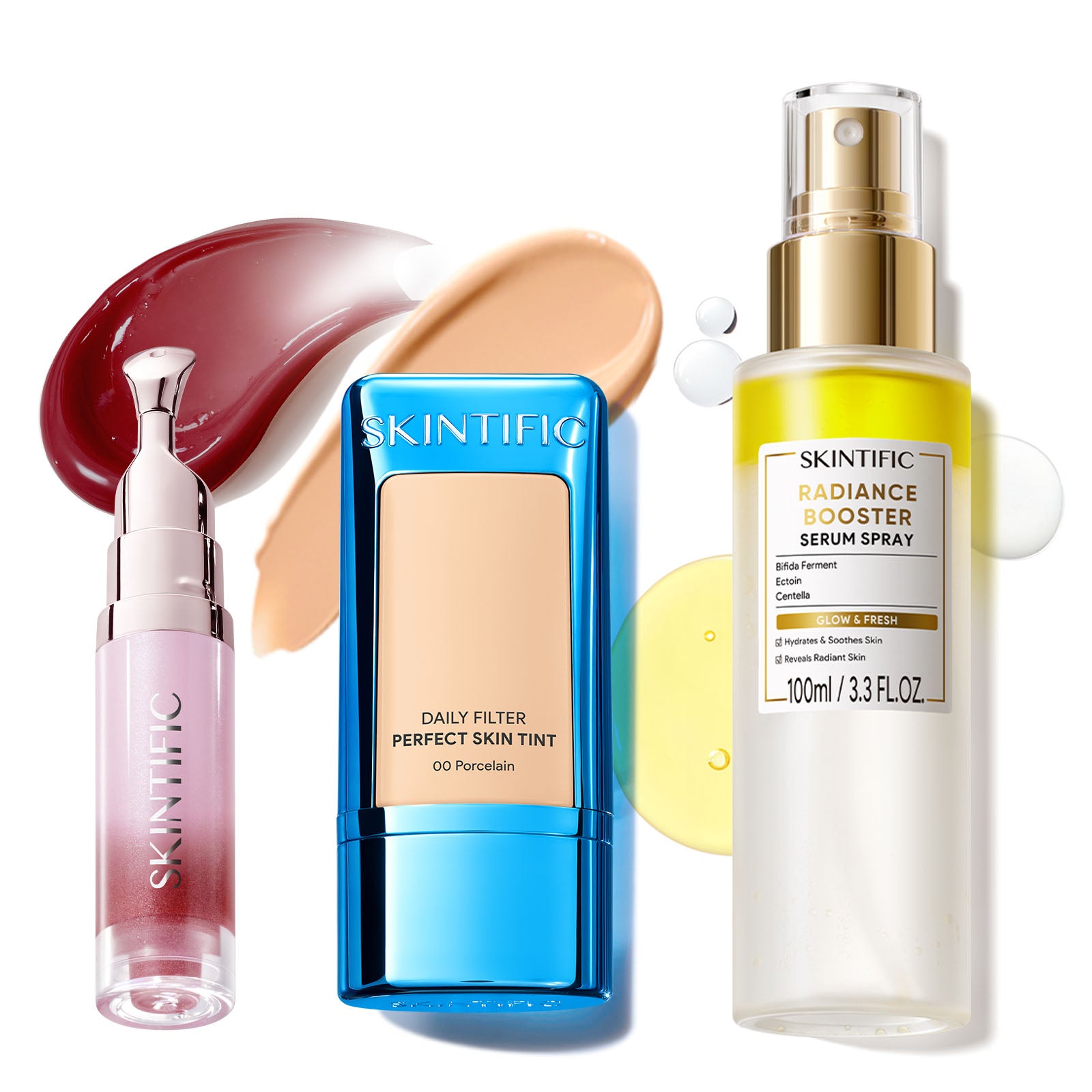 Ensemble Fond de Teint Léger, Spray Sérum Éclat & Sérum Lèvres