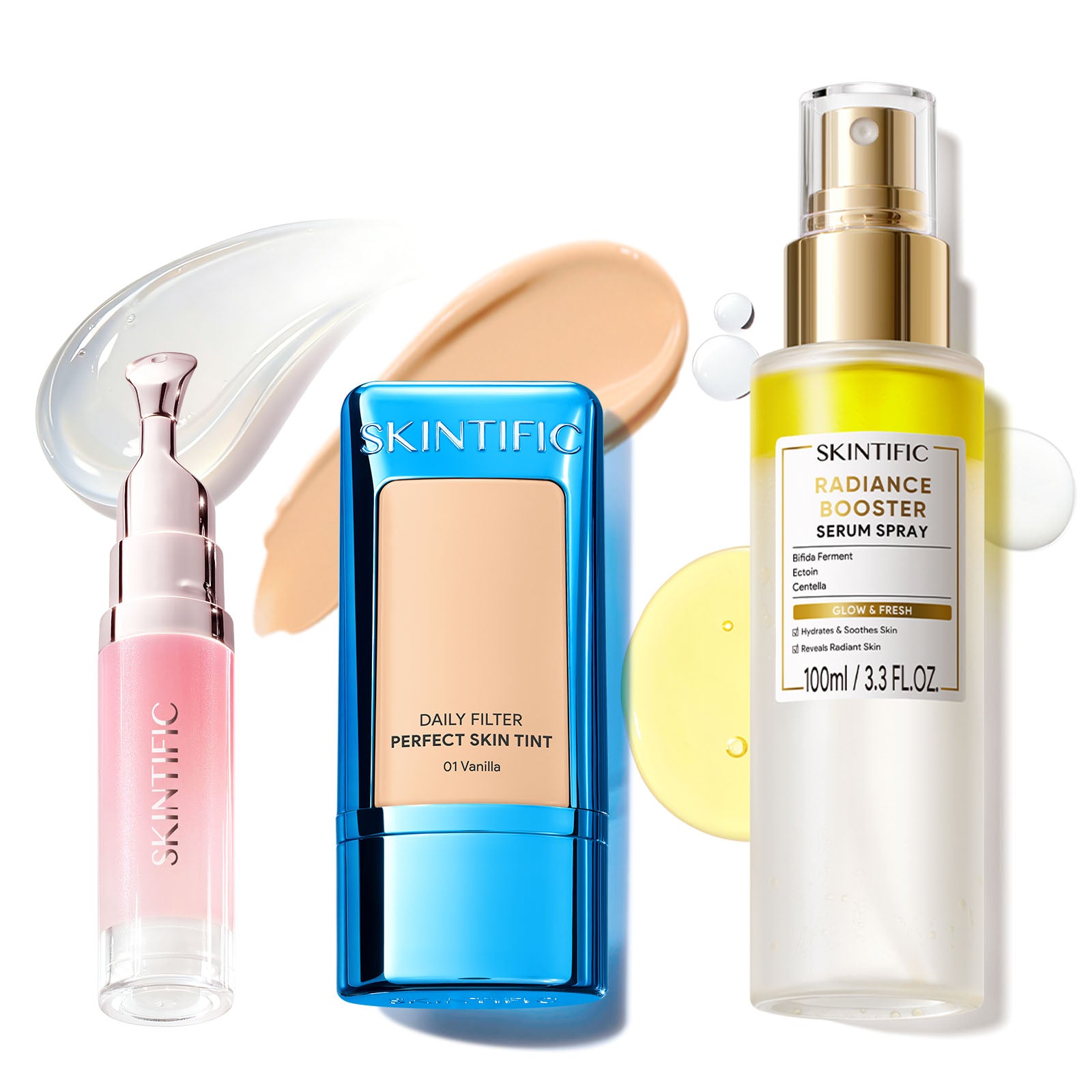 Ensemble Fond de Teint Léger, Spray Sérum Éclat & Sérum Lèvres