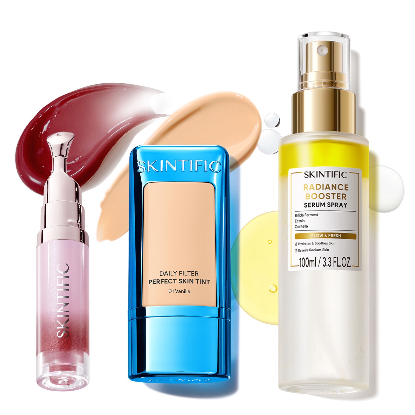 Ensemble Fond de Teint Léger, Spray Sérum Éclat & Sérum Lèvres
