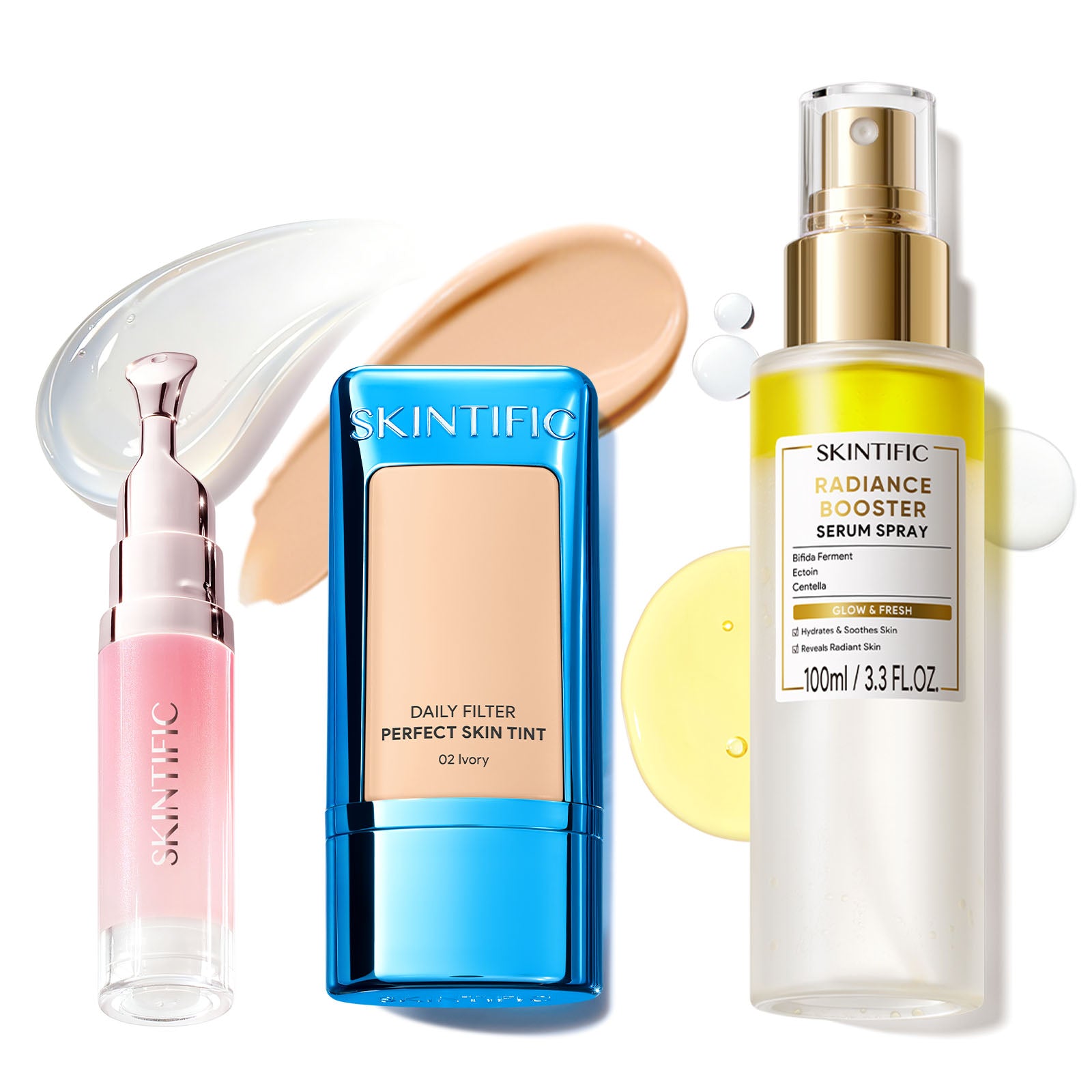 Ensemble Fond de Teint Léger, Spray Sérum Éclat & Sérum Lèvres