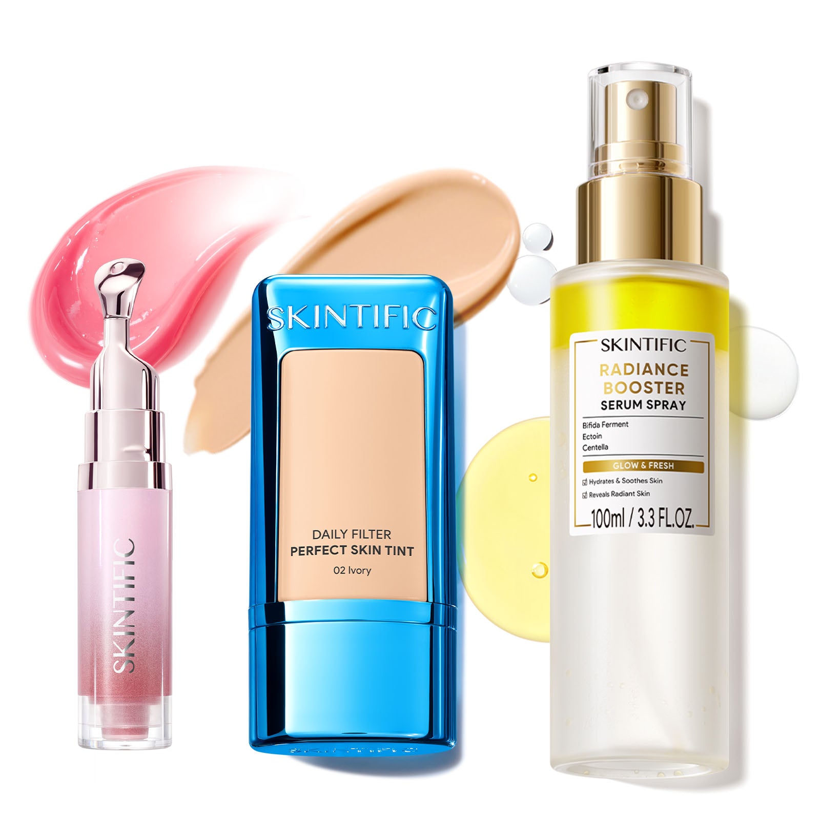 Ensemble Fond de Teint Léger, Spray Sérum Éclat & Sérum Lèvres