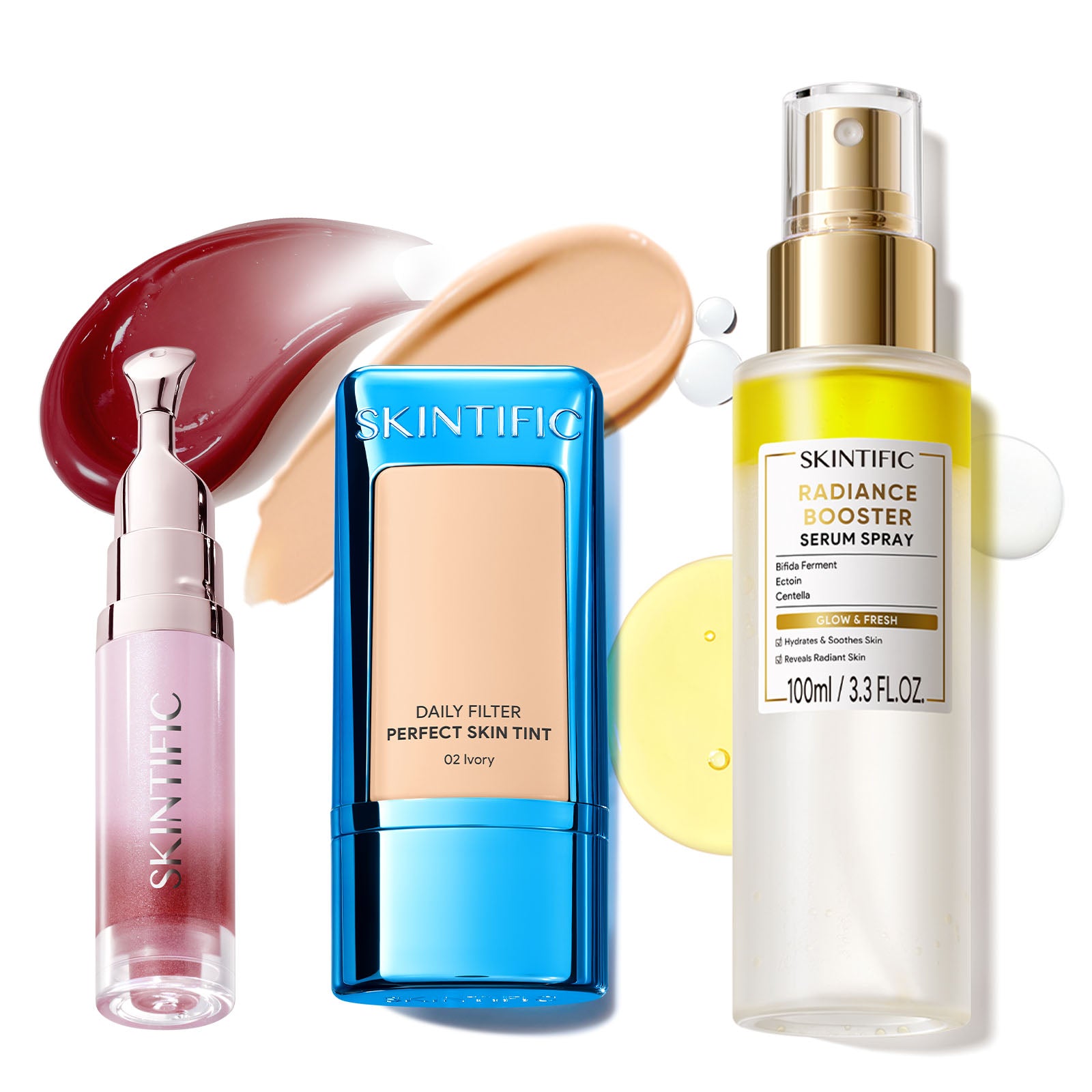 Ensemble Fond de Teint Léger, Spray Sérum Éclat & Sérum Lèvres
