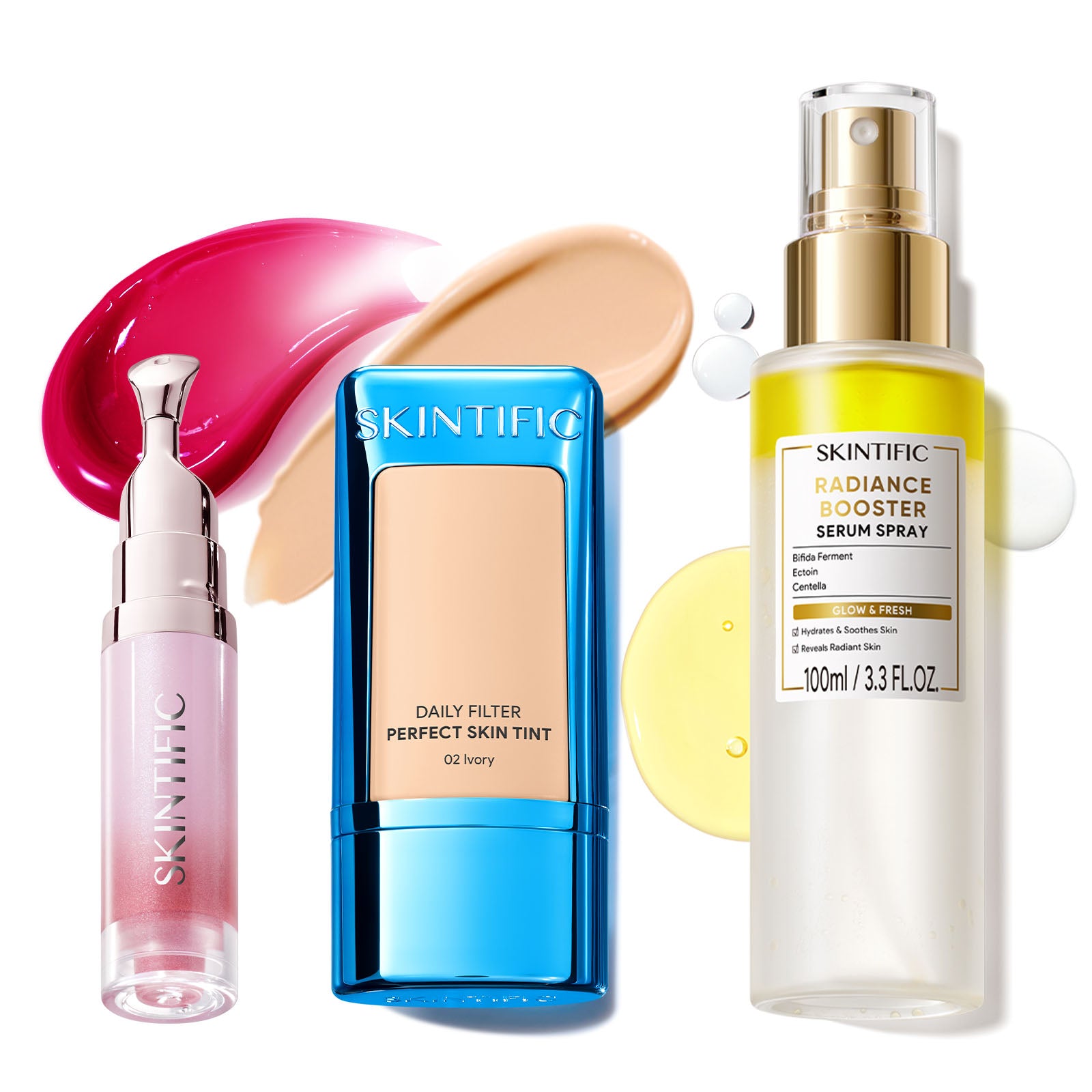 Ensemble Fond de Teint Léger, Spray Sérum Éclat & Sérum Lèvres