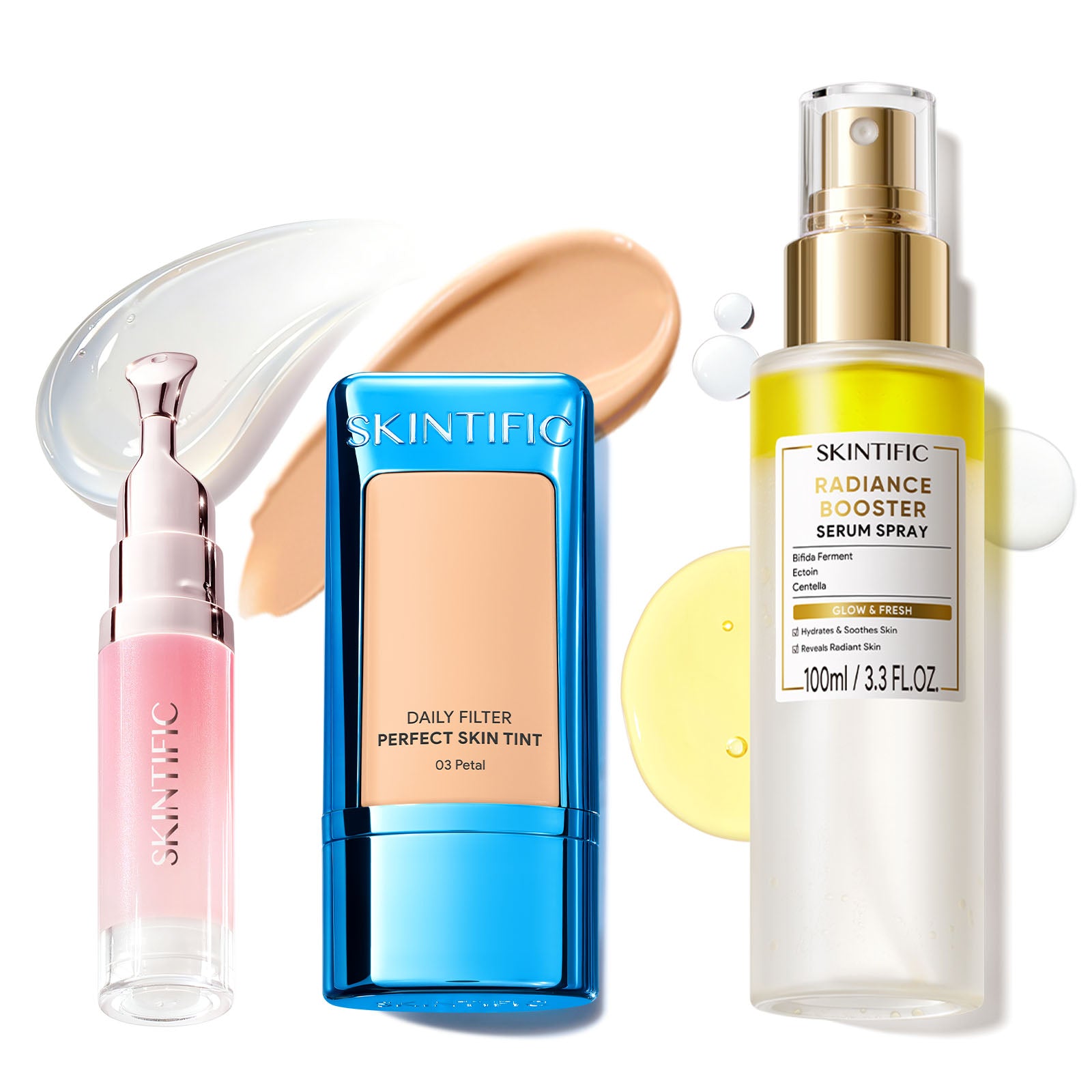 Ensemble Fond de Teint Léger, Spray Sérum Éclat & Sérum Lèvres