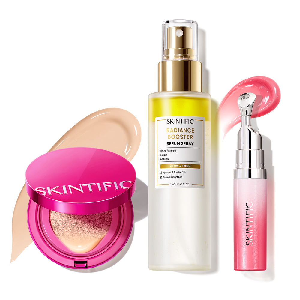 Ensemble de maquillage éclatant avec fond de teint coussin, brume visage et sérum lèvres