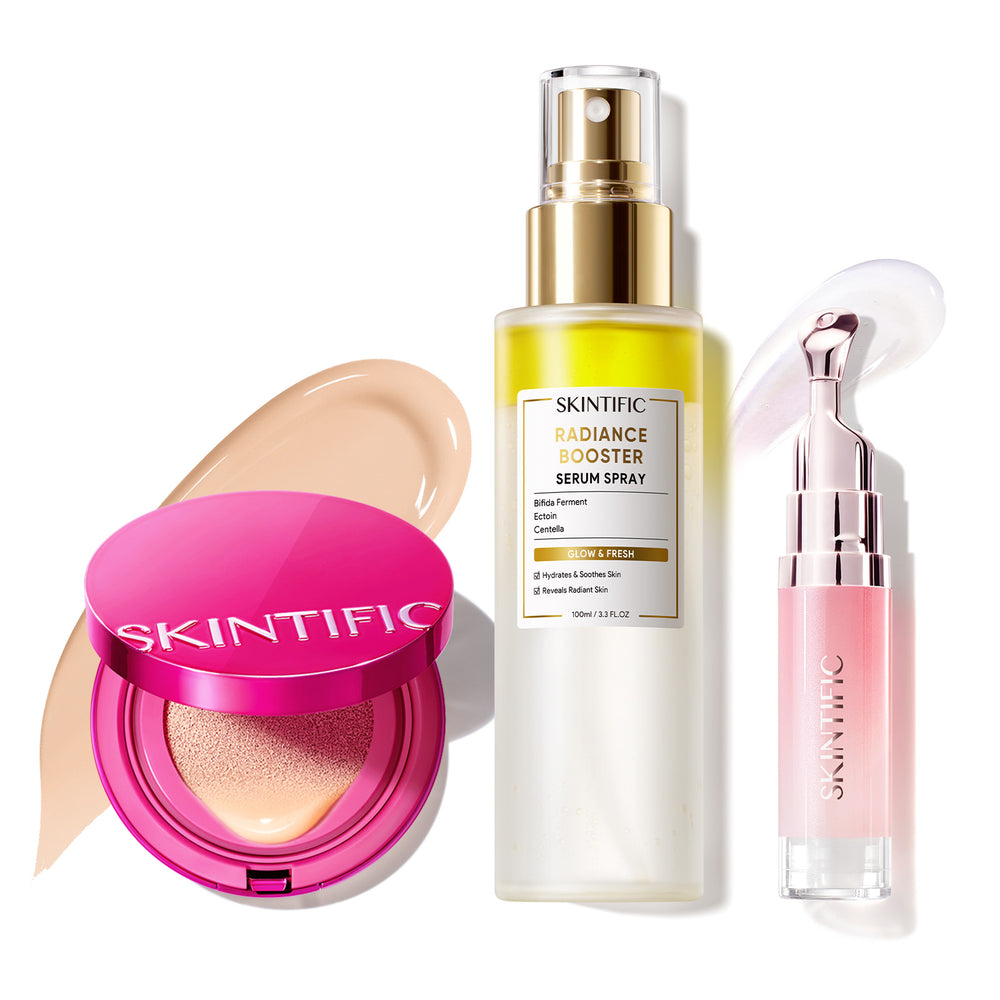 Ensemble de maquillage éclatant avec fond de teint coussin, brume visage et sérum lèvres