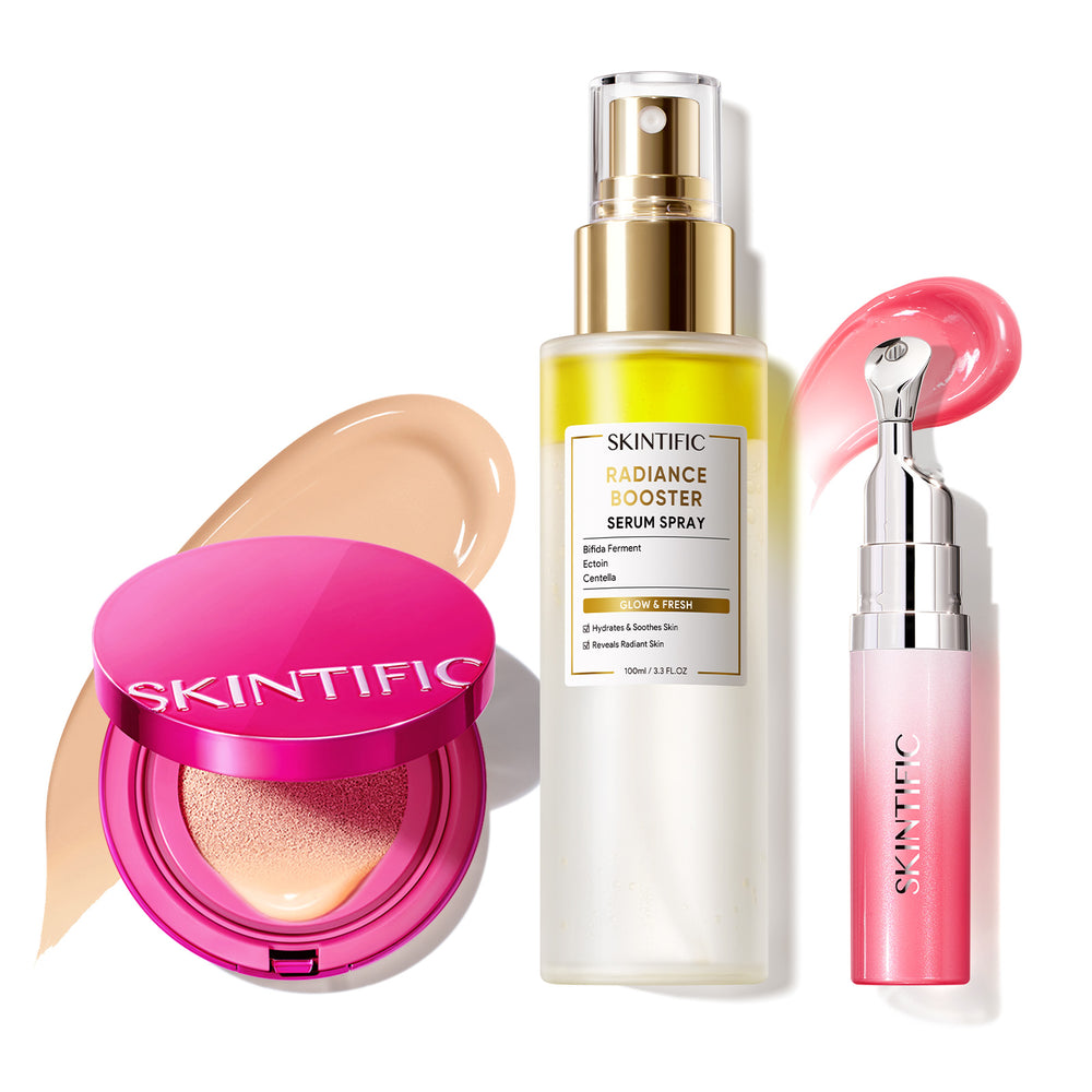 Ensemble de maquillage éclatant avec fond de teint coussin, brume visage et sérum lèvres