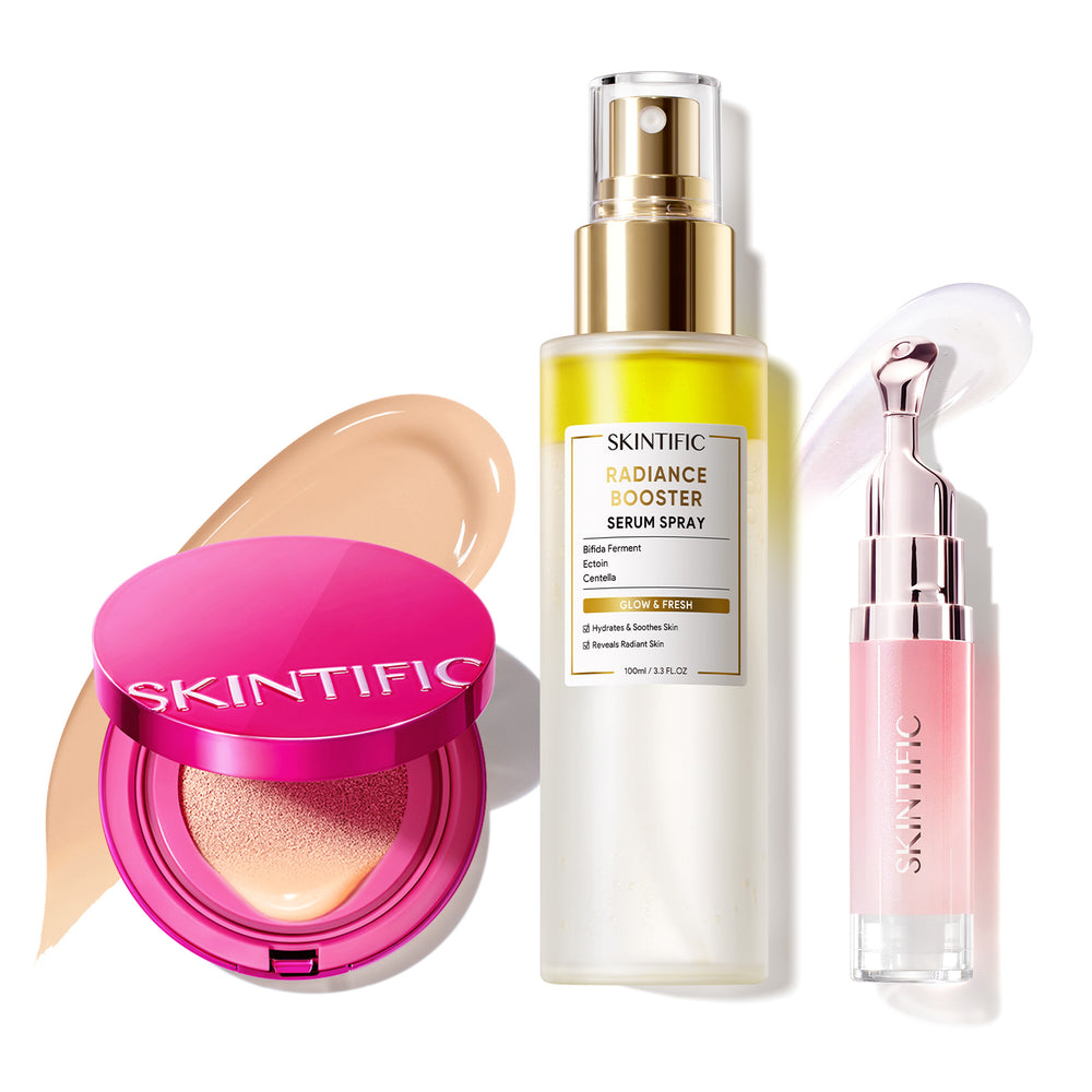 Ensemble de maquillage éclatant avec fond de teint coussin, brume visage et sérum lèvres