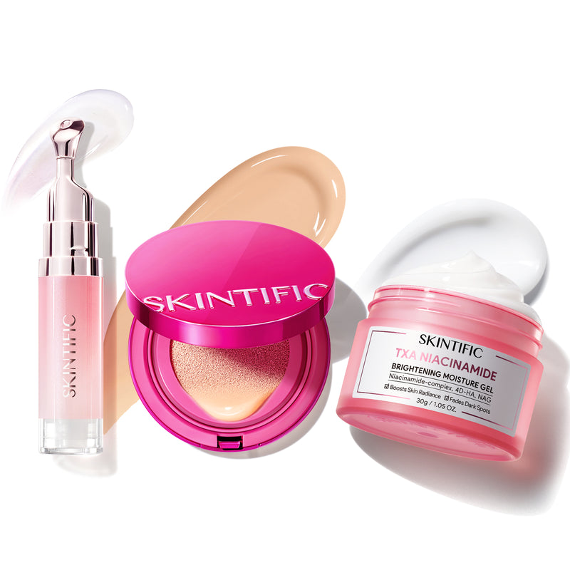Ensemble de 3 pièces : Coussin Teint Lumière Éclatante + Sérum Lèvres + Gel Hydratant