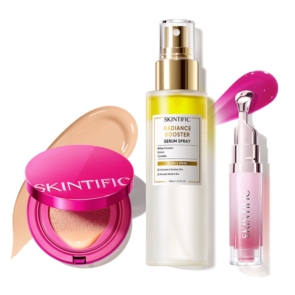 Ensemble de maquillage éclatant avec fond de teint coussin, brume visage et sérum lèvres