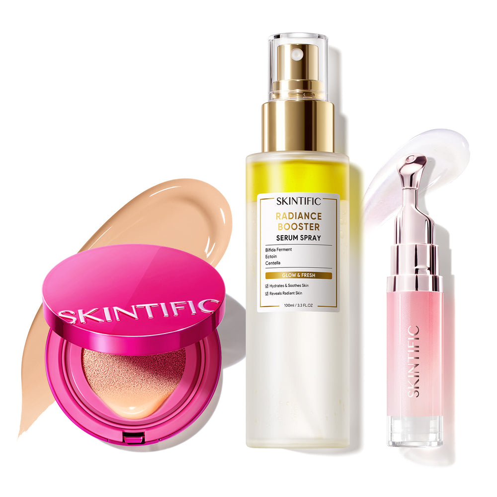 Ensemble de maquillage éclatant avec fond de teint coussin, brume visage et sérum lèvres