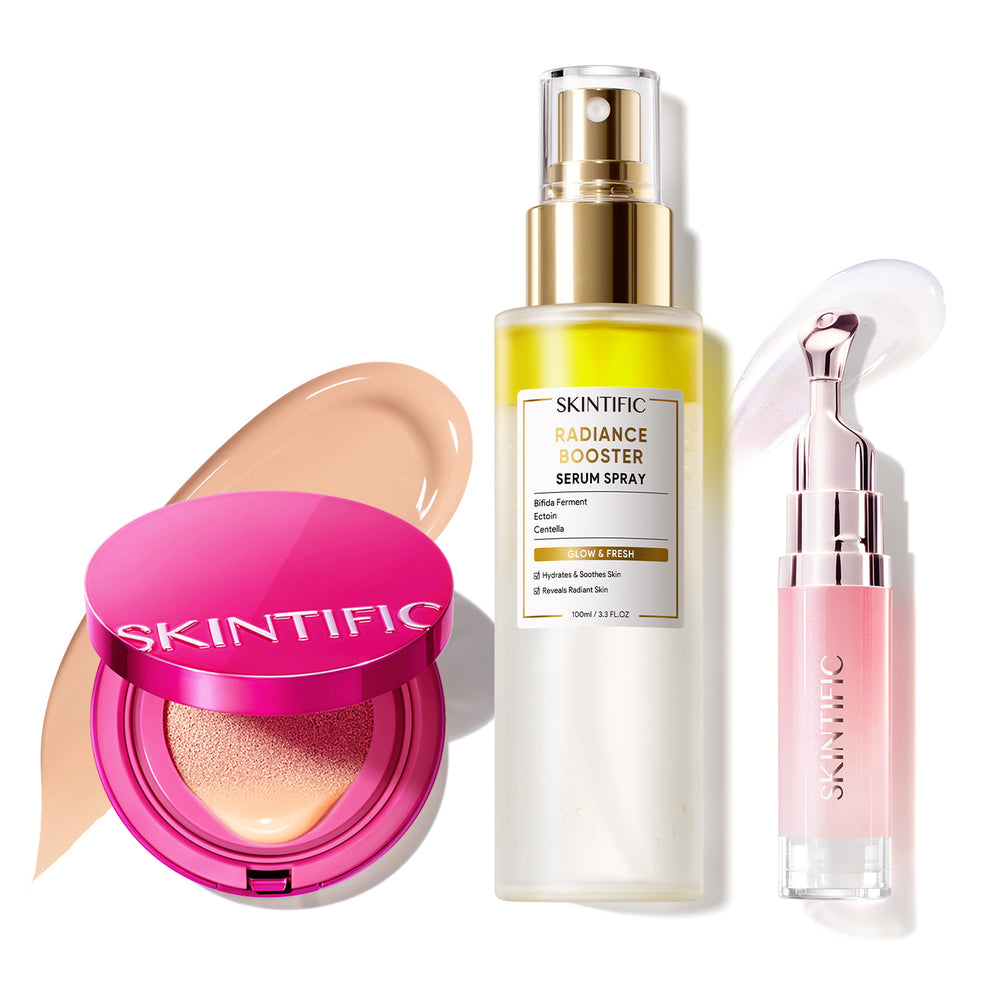 Ensemble de maquillage éclatant avec fond de teint coussin, brume visage et sérum lèvres