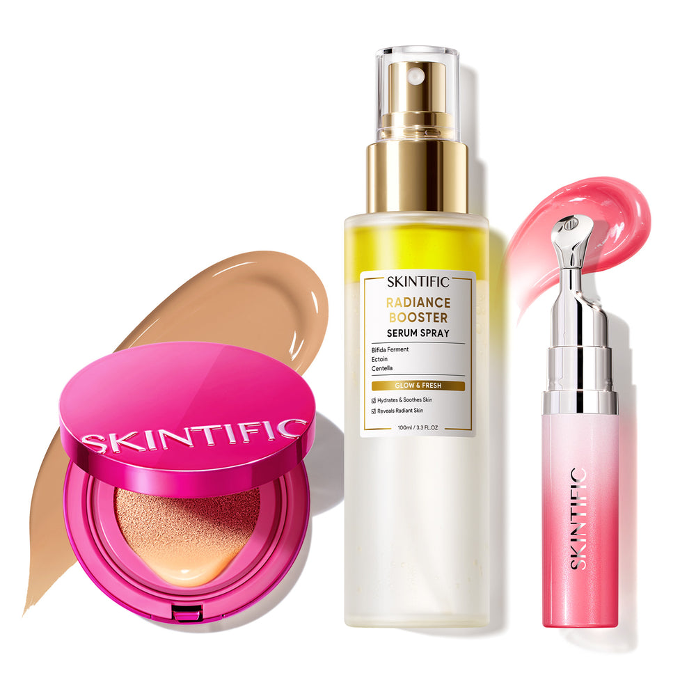 Ensemble de maquillage éclatant avec fond de teint coussin, brume visage et sérum lèvres