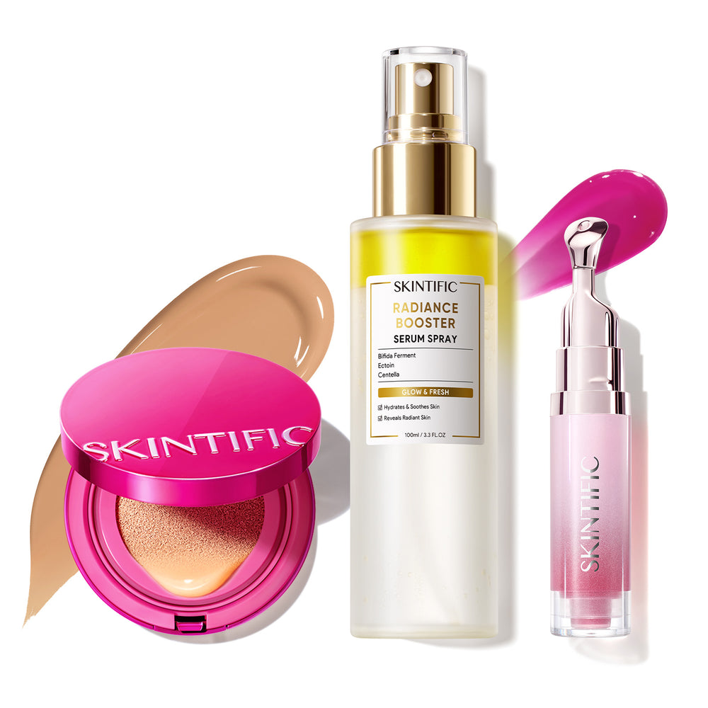 Ensemble de maquillage éclatant avec fond de teint coussin, brume visage et sérum lèvres