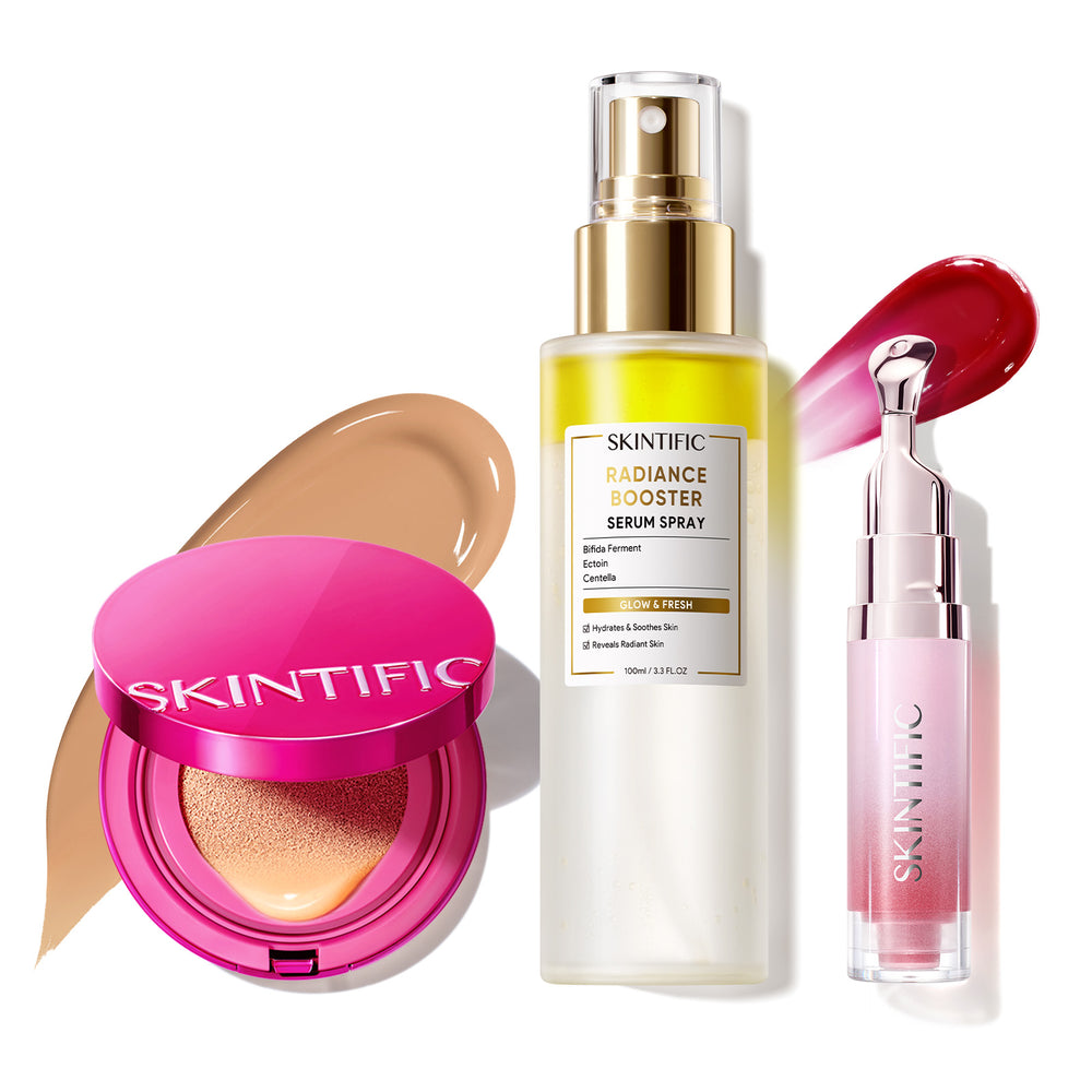 Ensemble de maquillage éclatant avec fond de teint coussin, brume visage et sérum lèvres