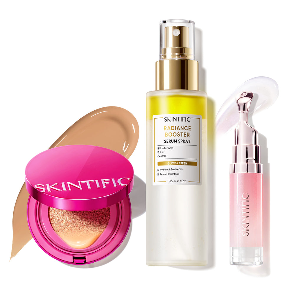 Ensemble de maquillage éclatant avec fond de teint coussin, brume visage et sérum lèvres