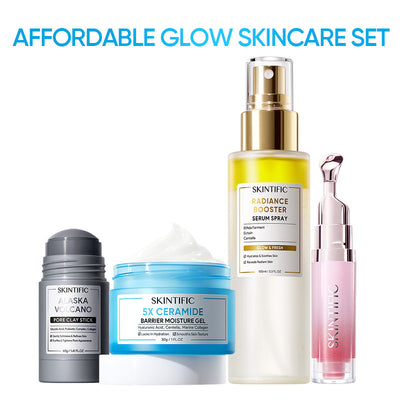 Ensemble de soins abordables pour une peau éclatante - Gel 5x Céramide, Stick d'argile volcanique Alaska, Spray booster d'éclat & Sérum lèvres aux peptides