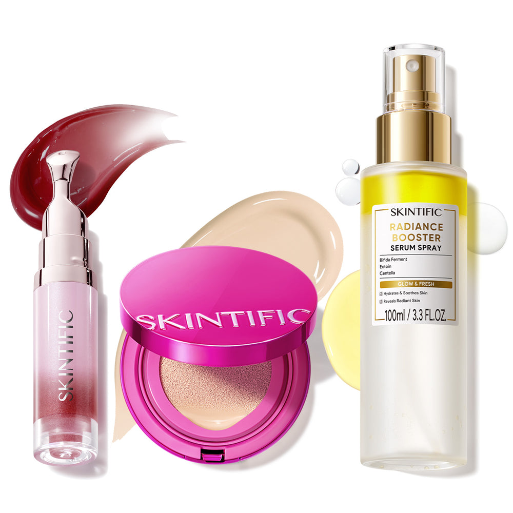 Ensemble de maquillage éclatant avec fond de teint coussin, brume visage et sérum lèvres